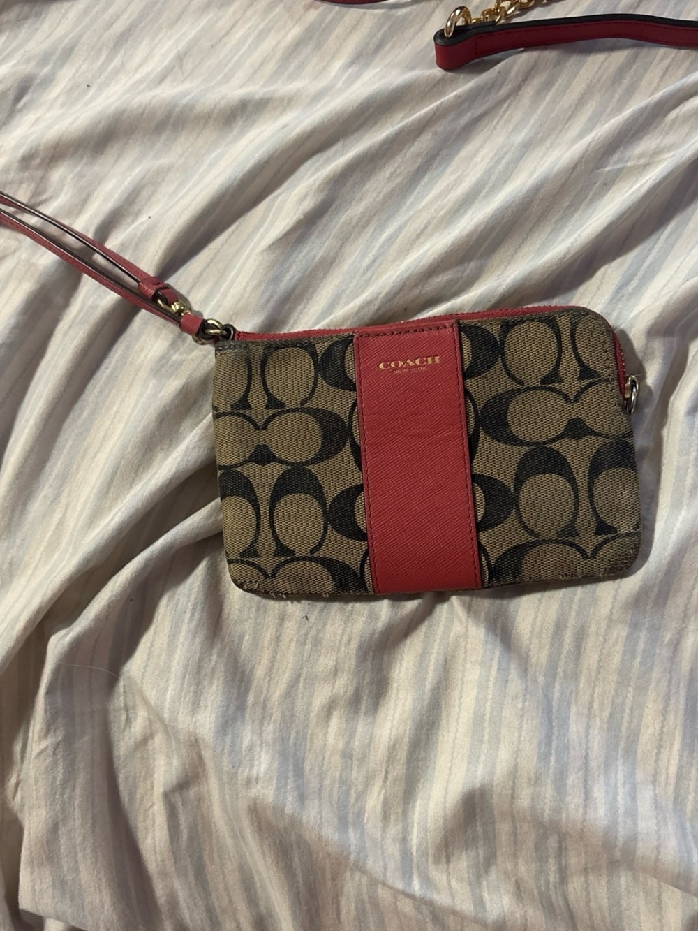 Coach Brown Signature Canvas Wristlet with Red Center Stripe